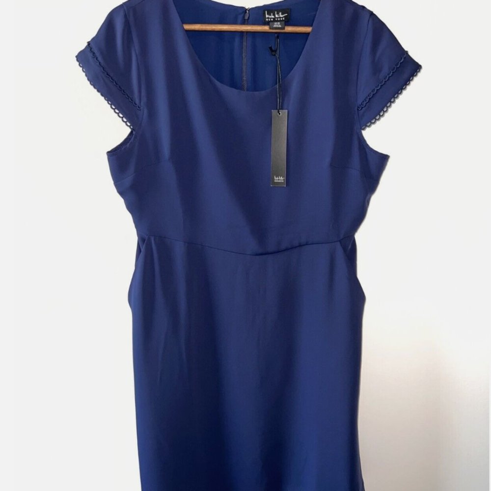 Nicole Miller Dress Fit‎ & Flare Size 14 Navy Blue Cap Sleeves Pockets